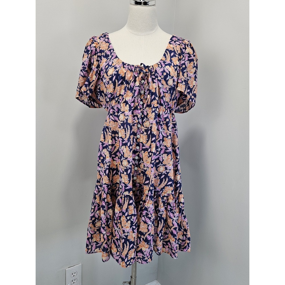 J.Crew Navy Blue Floral Button Front Mini Dress Puff Sleeve Tiered Size M